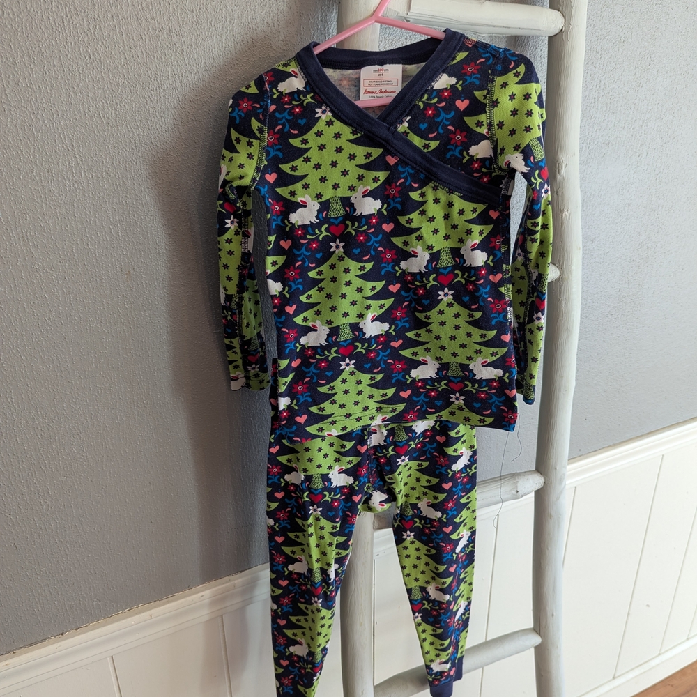 Hanna Andersson Navy and Green Kids Pajama Set Holiday Bunny Forest 4t